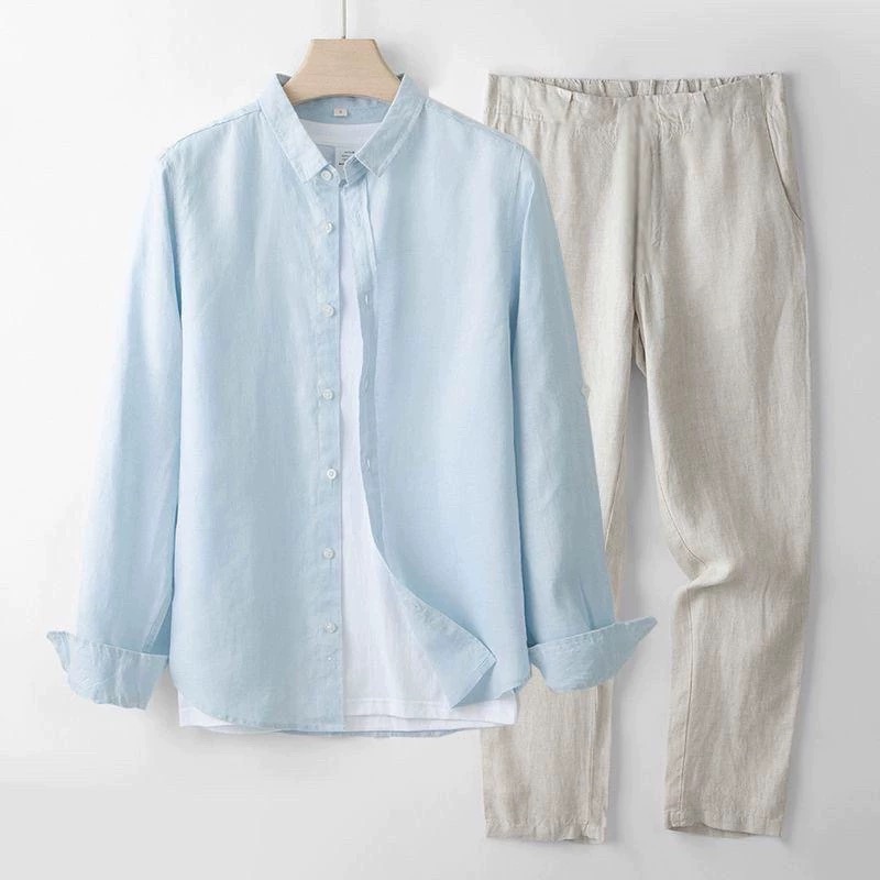 봄 신작 남성 코튼 린넨 긴팔 셔츠 캐주얼 바지 투피스 - Linen Shirt Breathable 리뷰 및 가격