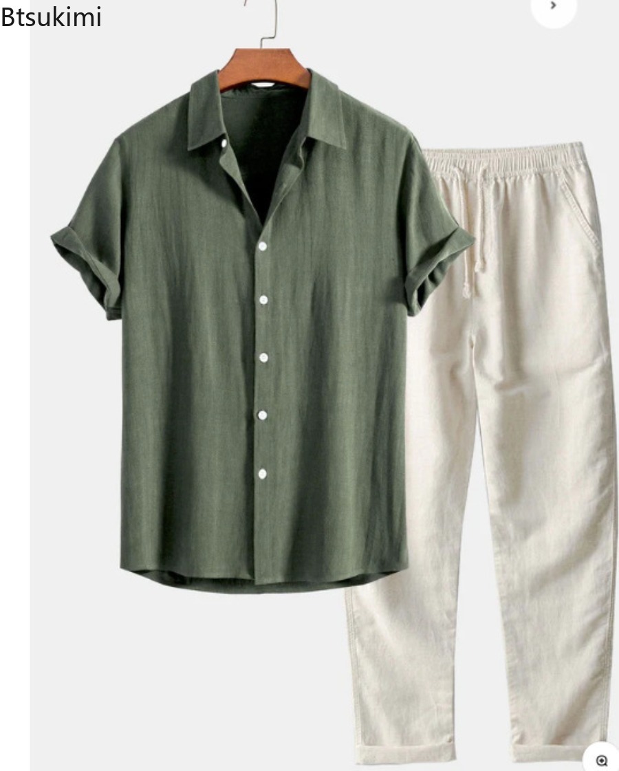 2026 남성 패션 솔리드 비치 투피스 세트 여름 경량 - Linen Shirt Breathable 리뷰 및 가격